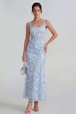 Lilac Sheath Sheer Corset Square Neck Midi Floral Dress with Lace Up Back