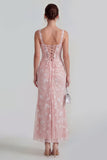 Lilac Sheath Sheer Corset Square Neck Midi Floral Dress with Lace Up Back