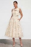 Pink Floral A-Line Bowed Round Neck Midi Dress with Pockets