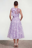 Pink Floral A-Line Bowed Round Neck Midi Dress with Pockets