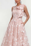 Pink Floral A-Line Bowed Round Neck Midi Dress with Pockets