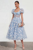 Blue Floral A-Line Lace Up Back Midi Dress with Puff Sleeves
