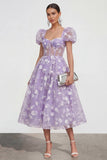 Blue Floral A-Line Lace Up Back Midi Dress with Puff Sleeves