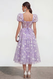 Blue Floral A-Line Lace Up Back Midi Dress with Puff Sleeves