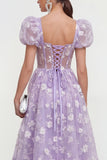 Blue Floral A-Line Lace Up Back Midi Dress with Puff Sleeves