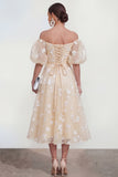 Off The Shoulder A-Line Pink Midi Floral Dress with Lace Up Back