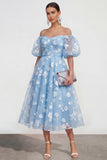 Off The Shoulder A-Line Pink Midi Floral Dress with Lace Up Back
