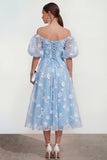 Off The Shoulder A-Line Pink Midi Floral Dress with Lace Up Back