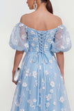 Off The Shoulder A-Line Pink Midi Floral Dress with Lace Up Back