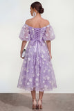 Off The Shoulder A-Line Pink Midi Floral Dress with Lace Up Back