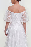 Off The Shoulder A-Line Pink Midi Floral Dress with Lace Up Back