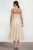 Strapless A-Line Midi Lilac Floral Dress with Pockets