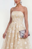 Strapless A-Line Midi Lilac Floral Dress with Pockets