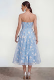 Strapless A-Line Midi Lilac Floral Dress with Pockets