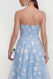 Strapless A-Line Midi Lilac Floral Dress with Pockets