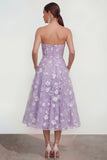 Strapless A-Line Midi Lilac Floral Dress with Pockets