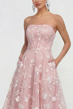 Strapless A-Line Midi Lilac Floral Dress with Pockets
