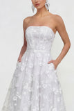 Strapless A-Line Midi Lilac Floral Dress with Pockets
