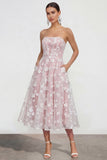 Strapless A-Line Midi Lilac Floral Dress with Pockets