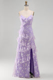 Shearh Lilac Floral Spaghetti Straps Ruffled Maxi Dress with Slit