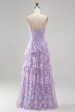 Shearh Lilac Floral Spaghetti Straps Ruffled Maxi Dress with Slit