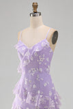 Shearh Lilac Floral Spaghetti Straps Ruffled Maxi Dress with Slit