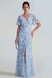 Blue Sheath Short Sleeves Long Floral Dress with Slit