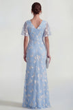 Blue Sheath Short Sleeves Long Floral Dress with Slit