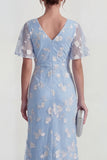 Blue Sheath Short Sleeves Long Floral Dress with Slit
