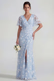 Blue Sheath Short Sleeves Long Floral Dress with Slit