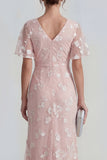 Blue Sheath Short Sleeves Long Floral Dress with Slit