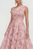 Pink One Shoulder A-Line Midi Floral Dress
