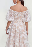 Off The Shoulder A-Line Midi Pink Floral Dress with Puff Sleeves