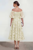 Off The Shoulder A-Line Midi Pink Floral Dress with Puff Sleeves