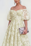 Off The Shoulder A-Line Midi Pink Floral Dress with Puff Sleeves