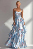 Blue A Line Ruffled Printed Satin Long Floral Dress