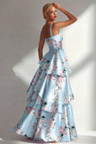 Blue A Line Ruffled Printed Satin Long Floral Dress