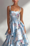 Blue A Line Ruffled Printed Satin Long Floral Dress