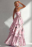 Blue A Line Ruffled Printed Satin Long Floral Dress