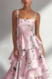 Blue A Line Ruffled Printed Satin Long Floral Dress