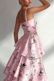 Blue A Line Ruffled Printed Satin Long Floral Dress