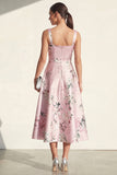 Blue Square Neck A Line Printed Satin Midi Floral Dress