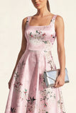 Blue Square Neck A Line Printed Satin Midi Floral Dress
