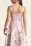 Blue Square Neck A Line Printed Satin Midi Floral Dress
