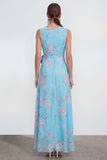 Blue A-Line 3D Flower Printed Long Chiffon Dress with Ruffle Slit