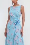 Blue A-Line 3D Flower Printed Long Chiffon Dress with Ruffle Slit