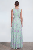 Blue A-Line 3D Flower Printed Long Chiffon Dress with Ruffle Slit