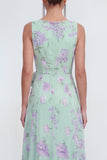 Blue A-Line 3D Flower Printed Long Chiffon Dress with Ruffle Slit