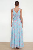 Blue Chiffon A-Line Ruched Side Slit Floral Dress with 3D Flower