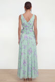 Blue Chiffon A-Line Ruched Side Slit Floral Dress with 3D Flower
